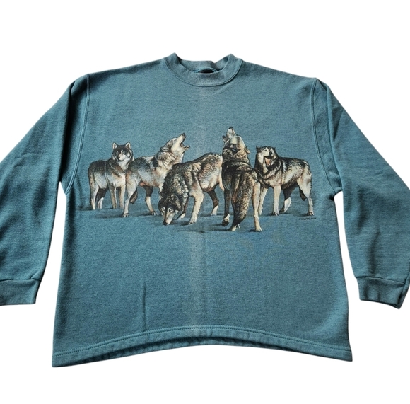 Vintage Habitat sz L Double Sided Wolf Animal Nature Graphic Sweatshirt - Picture 1 of 6